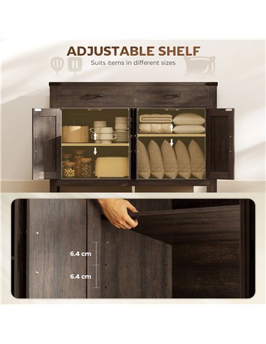 HOMCOM Kitchen Cupboard, Sideboard with 4 Doors, 2 Drawers and 2 Adjustable Shelves for Dining Room, Dark Brown