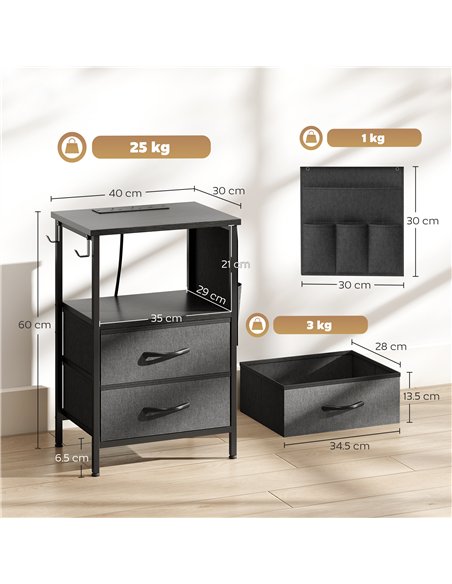HOMCOM Bedside Table with Charging Station - Black - pic 193497 | FastDaddyshop