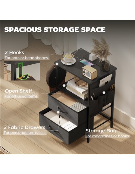 HOMCOM Bedside Table with Charging Station - Black - pic 193500 | FastDaddyshop