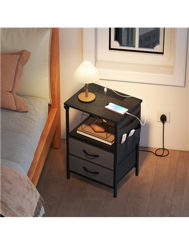 HOMCOM Bedside Table with Charging Station - Black