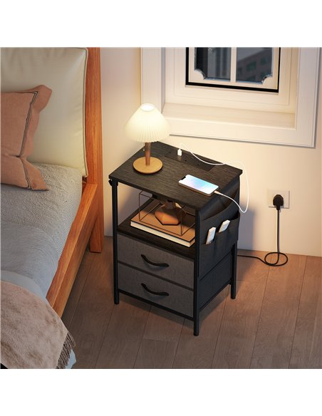 HOMCOM Bedside Table with Charging Station - Black - pic 193502 | FastDaddyshop