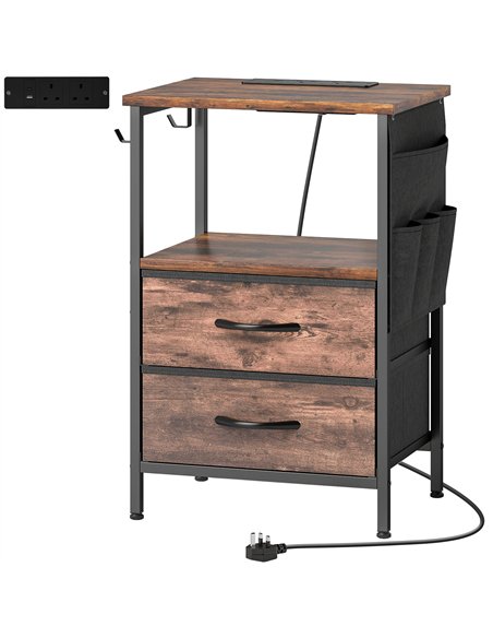 HOMCOM Bedside Table with Charging Station - Rustic Brown - pic 193504 | FastDaddyshop