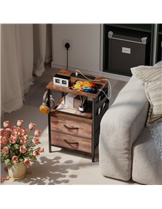HOMCOM Bedside Table with Charging Station - Rustic Brown 2