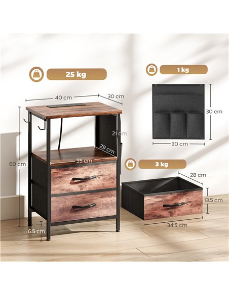 HOMCOM Bedside Table with Charging Station - Rustic Brown - pic 193506 | FastDaddyshop