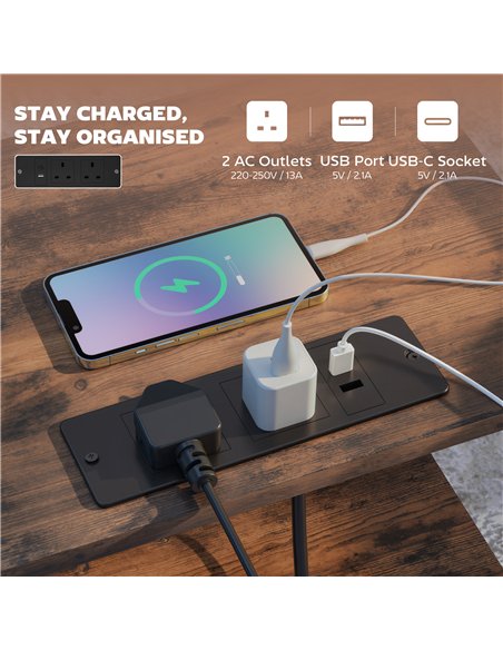 HOMCOM Bedside Table with Charging Station - Rustic Brown - pic 193508 | FastDaddyshop