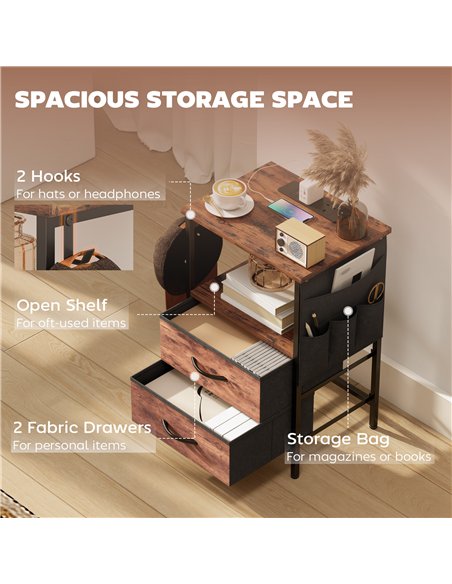 HOMCOM Bedside Table with Charging Station - Rustic Brown - pic 193509 | FastDaddyshop