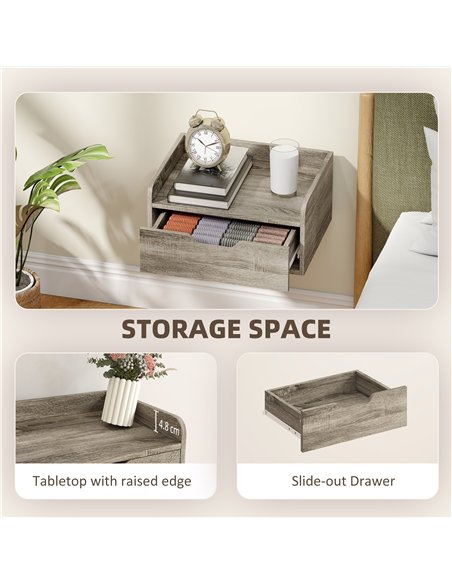 HOMCOM Floating Nightstands Set of 2, Wall Mounted Bedside Table with Drawer for Bedroom, Grey Wood Effect - pic 193536 | FastDaddyshop