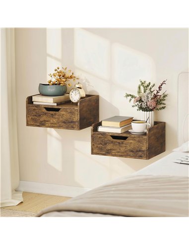 HOMCOM Floating Nightstands Set of 2, Wall Mounted Bedside Table with Drawer for Bedroom, Rustic Brown