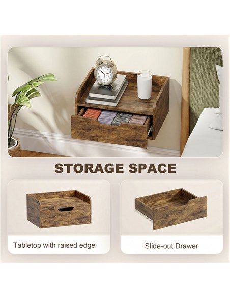 HOMCOM Floating Nightstands Set of 2, Wall Mounted Bedside Table with Drawer for Bedroom, Rustic Brown - pic 193554 | FastDaddyshop