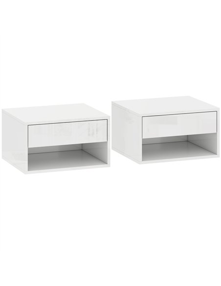 HOMCOM Set of Two Floating Bedside Tables, Wall Mounted Nightstand with Drawer and Open Shelf, High Gloss White - pic 193558 | FastDaddyshop