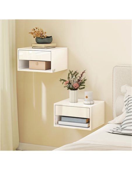 HOMCOM Set of Two Floating Bedside Tables, Wall Mounted Nightstand with Drawer and Open Shelf, High Gloss White - pic 193559 | FastDaddyshop