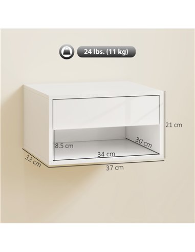 HOMCOM Set of Two Floating Bedside Tables, Wall Mounted Nightstand with Drawer and Open Shelf, High Gloss White
