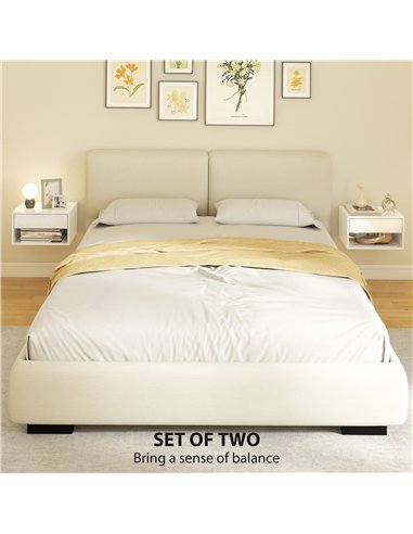 HOMCOM Set of Two Floating Bedside Tables, Wall Mounted Nightstand with Drawer and Open Shelf, High Gloss White