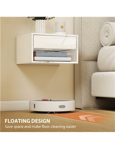 HOMCOM Set of Two Floating Bedside Tables, Wall Mounted Nightstand with Drawer and Open Shelf, High Gloss White