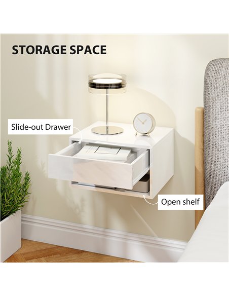 HOMCOM Set of Two Floating Bedside Tables, Wall Mounted Nightstand with Drawer and Open Shelf, High Gloss White - pic 193563 | FastDaddyshop