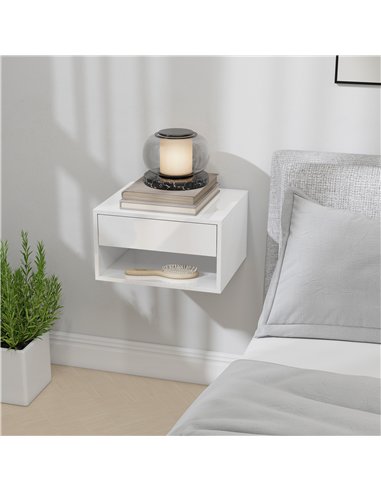 HOMCOM Set of Two Floating Bedside Tables, Wall Mounted Nightstand with Drawer and Open Shelf, High Gloss White