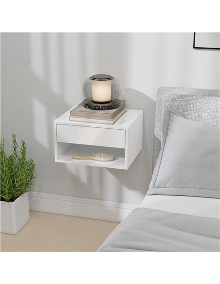 HOMCOM Set of Two Floating Bedside Tables, Wall Mounted Nightstand with Drawer and Open Shelf, High Gloss White - pic 193565 | FastDaddyshop