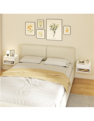 HOMCOM Set of Two Floating Bedside Tables, Wall Mounted Nightstand with Drawer and Open Shelf, High Gloss White