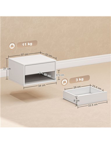 HOMCOM Set of Two Floating Bedside Tables - White