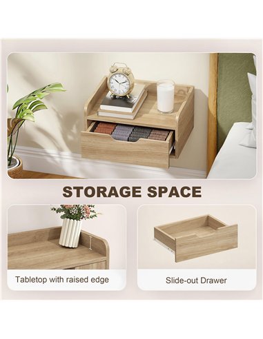 HOMCOM Floating Nightstands Set of 2, Wall Mounted Bedside Table with Drawer for Bedroom, Natural Wood