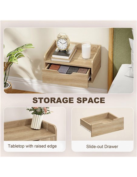 HOMCOM Floating Nightstands Set of 2, Wall Mounted Bedside Table with Drawer for Bedroom, Natural Wood - pic 193590 | FastDaddyshop