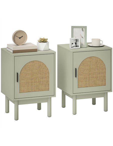HOMCOM Set of 2 Rattan Bedside Tables, Boho Nightstands with Solid Wood Legs and Storage Cabinet for Living Room, Bedroom, Accen - pic 193594 | FastDaddyshop