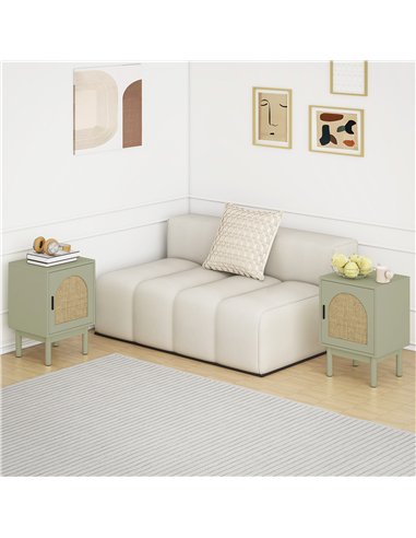 HOMCOM Set of 2 Rattan Bedside Tables, Boho Nightstands with Solid Wood Legs and Storage Cabinet for Living Room, Bedroom, Accen