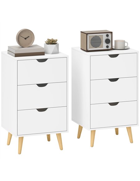 HOMCOM Set of 2 Bedside Tables, Modern Nightstand Side End Table with 3 Storage Drawers and Solid Pine Wood Legs for Bedroom Liv - pic 193612 | FastDaddyshop