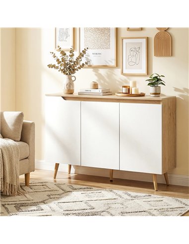 HOMCOM Sideboard Storage Cabinet, Kitchen Cupboard with 3 Doors, 2 Adjustable Shelves and 5 Rubberwood Legs, White and Oak