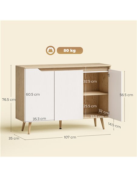 HOMCOM Sideboard Storage Cabinet, Kitchen Cupboard with 3 Doors, 2 Adjustable Shelves and 5 Rubberwood Legs, White and Oak - pic 193623 | FastDaddyshop