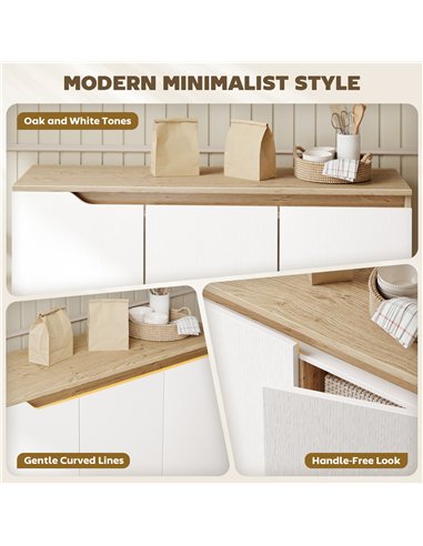 HOMCOM Sideboard Storage Cabinet, Kitchen Cupboard with 3 Doors, 2 Adjustable Shelves and 5 Rubberwood Legs, White and Oak