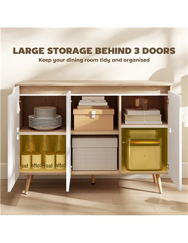 HOMCOM Sideboard Storage Cabinet, Kitchen Cupboard with 3 Doors, 2 Adjustable Shelves and 5 Rubberwood Legs, White and Oak