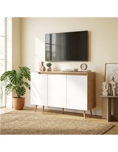 HOMCOM Sideboard Storage Cabinet, Kitchen Cupboard with 3 Doors, 2 Adjustable Shelves and 5 Rubberwood Legs, White and Oak