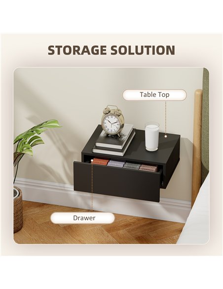 HOMCOM Floating Bedside Table Set of 2, Wall-Mounted Nightstand with Storage Drawer, Small Side End Table for Bedroom, Black - pic 193634 | FastDaddyshop