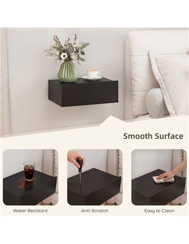 HOMCOM Floating Bedside Table Set of 2, Wall-Mounted Nightstand with Storage Drawer, Small Side End Table for Bedroom, Black