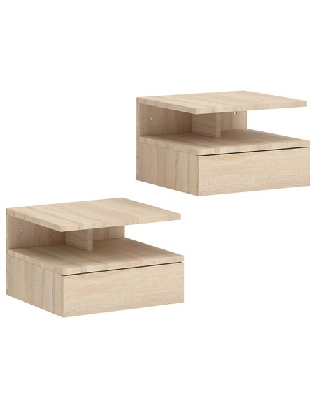 HOMCOM Set of Two Floating Bedside Tables - Oak - pic 193648 | FastDaddyshop