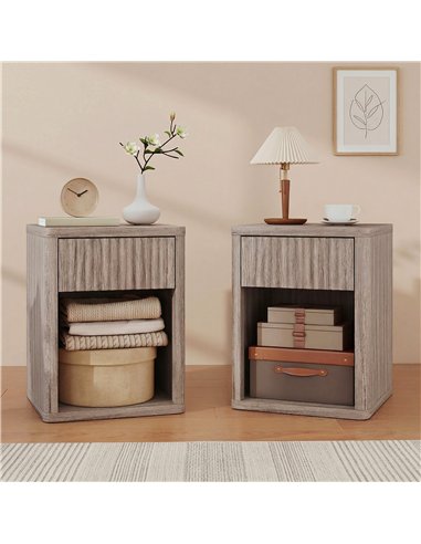 HOMCOM Modern Bedside Table Set of 2, Bedside Cabinet with Drawer and Open Shelf, Side End Table, Nightstand for Bedroom, Oak