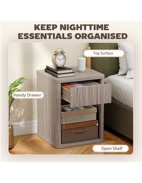 HOMCOM Modern Bedside Table Set of 2, Bedside Cabinet with Drawer and Open Shelf, Side End Table, Nightstand for Bedroom, Oak - pic 193660 | FastDaddyshop