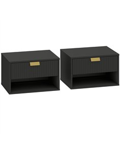 HOMCOM Set of 2 Wall Mounted Nightstands, Floating Bedside Tables with Fluted Drawer and Open Shelf for Small Bedroom, Black