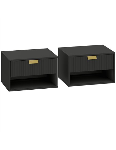 HOMCOM Set of 2 Wall Mounted Nightstands, Floating Bedside Tables with Fluted Drawer and Open Shelf for Small Bedroom, Black - pic 193666 | FastDaddyshop