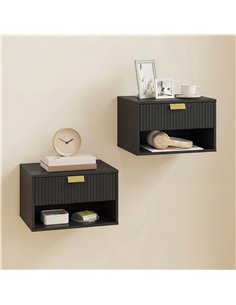 HOMCOM Set of 2 Wall Mounted Nightstands, Floating Bedside Tables with Fluted Drawer and Open Shelf for Small Bedroom, Black 2