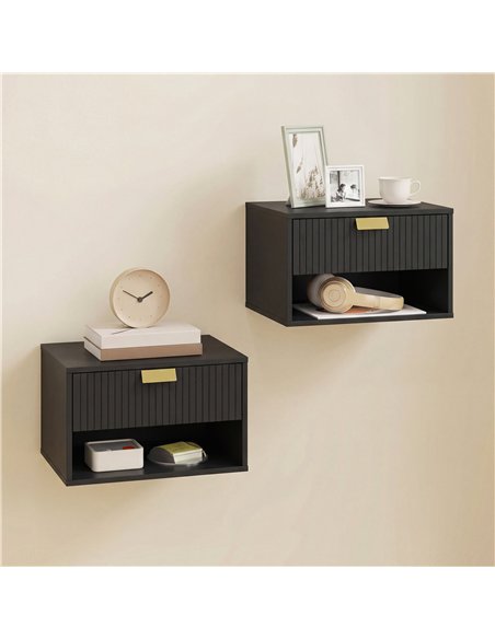 HOMCOM Set of 2 Wall Mounted Nightstands, Floating Bedside Tables with Fluted Drawer and Open Shelf for Small Bedroom, Black - pic 193667 | FastDaddyshop
