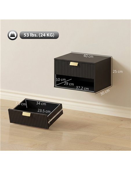 HOMCOM Set of 2 Wall Mounted Nightstands, Floating Bedside Tables with Fluted Drawer and Open Shelf for Small Bedroom, Black - pic 193668 | FastDaddyshop