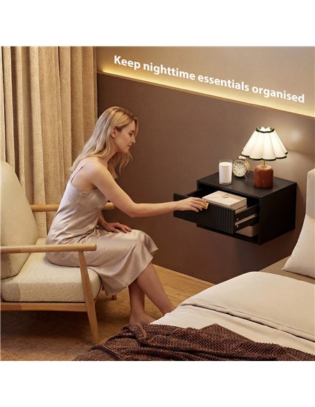HOMCOM Set of 2 Wall Mounted Nightstands, Floating Bedside Tables with Fluted Drawer and Open Shelf for Small Bedroom, Black - pic 193669 | FastDaddyshop