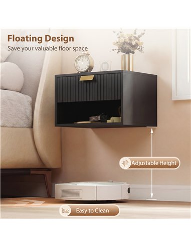 HOMCOM Set of 2 Wall Mounted Nightstands, Floating Bedside Tables with Fluted Drawer and Open Shelf for Small Bedroom, Black
