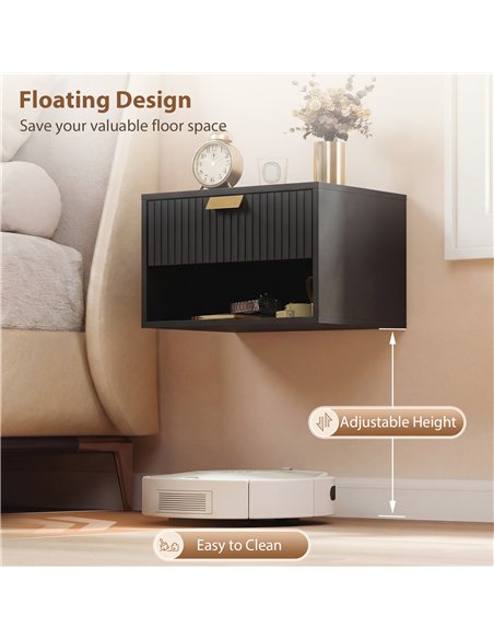 HOMCOM Set of 2 Wall Mounted Nightstands, Floating Bedside Tables with Fluted Drawer and Open Shelf for Small Bedroom, Black - pic 193670 | FastDaddyshop