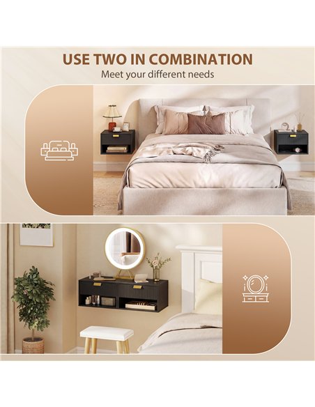 HOMCOM Set of 2 Wall Mounted Nightstands, Floating Bedside Tables with Fluted Drawer and Open Shelf for Small Bedroom, Black - pic 193671 | FastDaddyshop