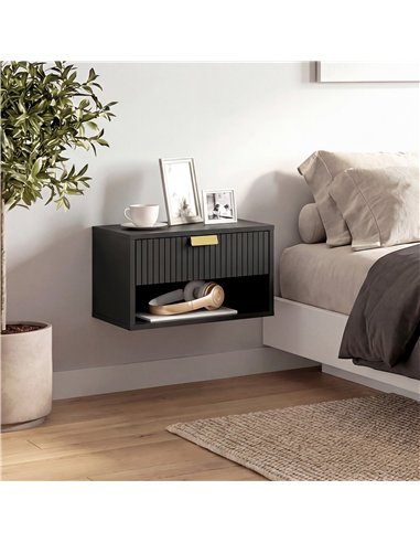 HOMCOM Set of 2 Wall Mounted Nightstands, Floating Bedside Tables with Fluted Drawer and Open Shelf for Small Bedroom, Black