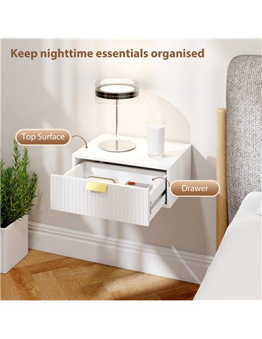 HOMCOM Modern Floating Nightstands Set of 2, Wall Mounted Bedside Tables with Wave Drawer White