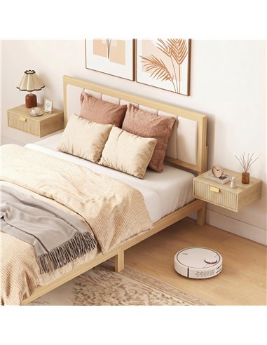 HOMCOM Modern Floating Nightstands Set of 2, Wall Mounted Bedside Tables with Wave Drawer Oak